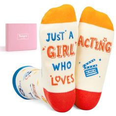 Acting SocksThese theater socks feature a funny saying: �“JUST A GIRL WHO LOVES ACTING”. Adorned with tragicomic masks, projectors, clapper boards, and twinkling starlight, these socks are a testament to the enduring magic of the stage.Size & PackageOur women's drama socks are designed to fit shoe sizes 6-12 and sock sizes 8-13. Each exclusive gift box contains 1 pairs of funny socks.Quality MaterialOur funny film socks are made of 80% combed cotton, 17% polyamide, and 3% spandex to ensure they a Gifts For Anime Lovers, Anime Socks, Theatre Gifts, Christmas Wedding Gifts, School Games, Funny Films, Funny Socks, Anime Gifts, Valentines Day Weddings