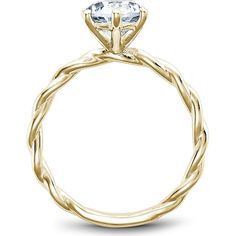 a yellow gold engagement ring with a twisted band and a round diamond in the center