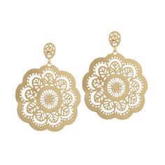 Indulge in the beauty and elegance of our Bella Lace Post Drop Earrings. The golden flower design, adorned with delicate crystals, adds a touch of sophistication to any outfit. Elevate your style with these timeless and versatile earrings that will have you blooming all year round. Metal Flower-shaped Earrings For Wedding, Metal Flower Shaped Earrings For Weddings, Flower-shaped Metal Earrings For Weddings, Chic Gold Crystal Earrings For Wedding, Gold Chic Bridal Earrings, Gold Filigree Drop Flower Earrings, Gold Brass Flower Earrings For Formal Occasions, Flower Shaped Chandelier Earrings, Formal Gold Brass Flower Earrings