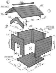 the plans for an elevated dog house are shown in black and white, with measurements