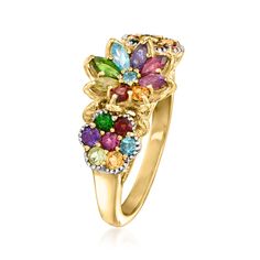 Ross-Simons - 1.34ct t. w. Multi-Gemstone Floral Ring in 18kt Yellow Gold Over Sterling. Size 9. Shimmering with a beautiful rainbow of sparkle, this floral statement ring presents a stunning mix of 1.34 ct. tot. gem wt. round and marquise amethyst, chrome diopside, garnet, peridot, rhodolite garnet, Swiss blue topaz, citrine and iolite. Crafted in polished 18kt yellow gold over sterling silver with milgrain details. 3/8" wide. Multi-gemstone floral ring. Garnet birthstones are the perfect gift Multicolor Diamond Ring With Center Stone For Anniversary, Elegant Multicolor Birthstone Ring With Center Stone, Elegant Multicolor Multi-stone Birthstone Ring, Multicolor Cluster Ring With Accent Stones For Anniversary, Multicolor Center Stone Gemstones For Anniversary, Multicolor Cluster Ring For Anniversary, Multicolor Gemstones With Center Stone For Anniversary, Multicolor Fine Jewelry Cluster Ring For Anniversary, Cluster Multi-stone Birthstone Ring For Anniversary