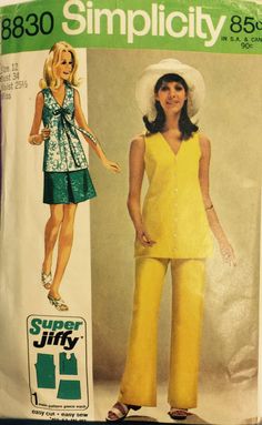 "Vintage 8830 Simplicity (1970) Super Jiffy Size 12 Bust 34\" Pattern is complete with instructions. It unused and neatly cut. Excellent condition. Envelope is clean, intact with clear graphics. It has some wrinkles and wear at the sides/corners. Please see pics. Please contact me with questions. Enjoy!" Pajama Pattern, Seventies Fashion, Vogue Sewing, Simplicity Sewing, One Piece Pajamas, 1960s Fashion, Love Sewing, One Piece Dress, Pants Pattern