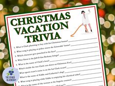 a christmas vacation trivia is shown in front of a tree with lights behind it