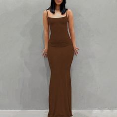 F00248720-205 Brown Fitted Maxi Length Dress, Casual Square Neck Maxi Dress For Evening, Spring Bodycon Maxi Dress With Square Neck, Bodycon Square Neck Maxi Dress For Spring, Fitted Brown Midi Sundress, Fitted Brown Midi Length Sundress, Fitted Long Brown Dress, Casual Brown Dresses For Party, Casual Brown Party Dress