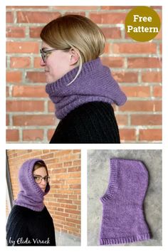 a woman wearing a purple knitted cowl with the words free pattern on it