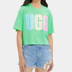 The Pattie Is A Cropped Tee That Features A Bold Gradient Ugg Graphic Logo Centerpiece. Made From A Cotton And Modal Blend, This Statement Piece Is The Perfect Way To Elevate Your Outfit. -Size Large New With Tags -Short Sleeve Cropped Logo Tee -Self - 60% Cotton / 40% Modal Jersey -Lining Unlined -Rib Knit Neckline Approximate Measurements: Pit To Pit Laying Flat 22” Length 20.5” Multicolor Logo Print Tops For Summer, Trendy Tan Tops For Spring, Trendy Green Top With Logo Print, Trendy Green Tops With Logo Print, Trendy Green Logo Print Tops, Ugg Green, Green Rainbow, Rainbow Gradient, Graphic Logo