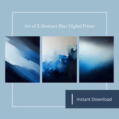 three abstract blue digital prints are displayed on a white and blue background with the words instant down