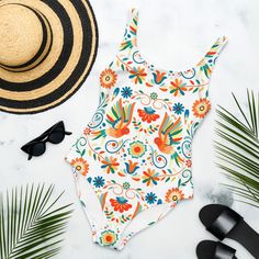 Mexican Otomi One-Piece Swimsuit - The Global Wanderer Multicolor Spring One-piece Swimwear, Playful White One-piece Swimwear, Multicolor Printed One Piece For Beach Party, Multicolor Printed Tankini For Beach Party, Multicolor One-piece Tankini For Summer, Multicolor Bodysuit For Beach Season, Multicolor One-piece For Spring Vacation, Playful White Tankini For Swimming, Casual Multicolor Print Swimwear For Beach