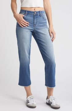 Keep it casual and cool in these faded mid-rise jeans styled with cropped, straight legs and fraying hems. 26" inseam; 15" leg opening; 9 1/2" front rise; 14 1/2" back rise Zip fly with button closure Five-pocket style 56% cotton, 24% rayon, 19% polyester, 1% spandex Machine wash, tumble dry Imported Rollerball Perfume, Beauty Sale, Mid Rise Jeans, Nordstrom Store, Jeans Style, Travel Size Products, Straight Leg Jeans, Leg Jeans, Mid Rise