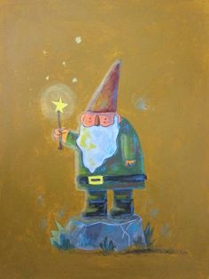 a painting of a gnome holding a wand and pointing at the stars in his hand