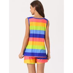 Elevate your loungewear collection with the Cheibear Women's Rainbow Stripe Tank Tops with Shorts Pajama Sets. This delightful set, designed for the modern woman, combines comfort and style seamlessly.

- **Material:** Soft blend of 65% Cotton and 35% Polyester
- **Features:** Sleeveless top, shorts with pockets, and vibrant rainbow stripe print
- **Color:** Night (Blue)
- **Gender:** Female
- **Size:** Large

Crafted to provide a breathable and skin-friendly experience, this pajama set ensures Comfortable Multicolor Sleepwear For Pajama Party, Comfortable Multicolor Summer Sleepwear, Multicolor Summer Sleepwear For Pajama Party, Comfortable Pajama Shorts For Beach Season, Comfortable Pajama Shorts For Beach Season Loungewear, Multicolor Short Sleepwear For Sleepover, Multicolor Casual Summer Sleepwear, Casual Multicolor Summer Sleepwear, Beach Season Loungewear Short Set