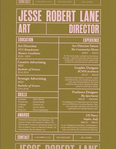 a green and white resume with the words,'user robert lane art director '