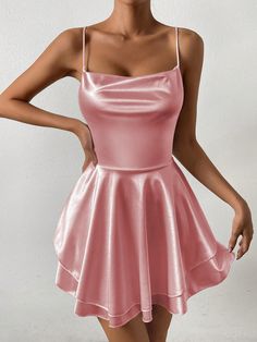 Rosa vieja Sexy Collar sin mangas Tela tejida Liso Tirantes Embellished Elástico Alto Rose Gold Satin Dress Short, Short Modest Dresses, Pink Bachelorette Dress, Pink Silk Dress Short, Pink Dress Shein, Rose Gold Satin Dress, Satin Cami Dress, Summer Elegance, Silk Dress Short