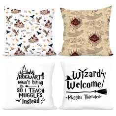 three pillows with harry potter quotes on them