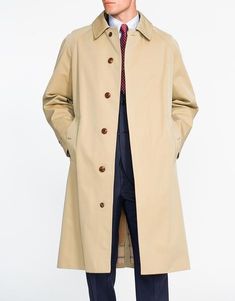 X Grenfell Tan Cotton Raincoat | Men's Sport Coats - J. Press Classic Long Raincoat For Fall, Classic Beige Raincoat For Fall, Classic Spring Raincoat With Button Closure, Classic Solid Raincoat With Pockets, Solid Gabardine Winter Raincoat, Winter Solid Gabardine Raincoat, Classic Long Single Breasted Raincoat, Classic Long Single-breasted Raincoat, Classic Khaki Outerwear With Button Cuffs