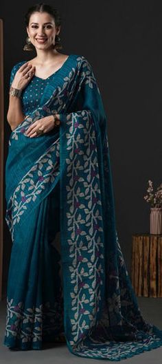 Blue color Saree in Cotton fabric with Printed work Luxury Blue Cotton Silk Saree, Blue Color Saree, Reception Lehenga, Engagement Reception, Casual Saree, Waist Chain, Traditional Sarees, Blouse Length, Salwar Kameez