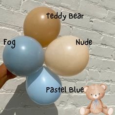 a person holding three balloons in front of a brick wall with the words teddy bear, fog, nude, pastel blue and teddy bear