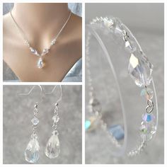 A stunning 3 piece set that will suit any special occasion. This set uses quality glass crystals on silver plated chain and earring hooks. Can be made in gold plated. Please leave a message. The drop on the necklace is 23mm. The large drop measures 10x15mm. The necklace also uses 8x11mm oval/pear, 4mm bicones and 6x4mm rondelle crystals.  The bracelet features 8x11mm oval/pear, 4mm bicones and 6x4mm rondelle crystals. There is also a small 5x7mm teardrop charm. The earrings are 47mm long ( the d Clear Sparkling Jewelry For Wedding, Sparkling Clear Jewelry For Wedding, Sparkling Crystal Jewelry Sets For Gift, Wedding Crystal Jewelry With Faceted Details, Silver Faceted Jewelry For Wedding, Prom Gift, Jewellery Set, Organza Gift Bags, Earring Hooks