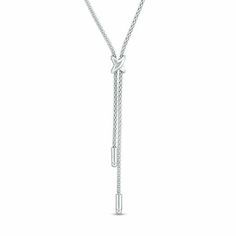 Elevate her casual or dressy attire with this versatile fashion necklace. Crafted in sterling silver, this attractive lariat style features a pair of slender chain dangles suspended beneath a petite "X"-shaped design. Buffed to a brilliant luster, this 17.0-inch fancy chain necklace secures with a lobster claw clasp. Silver Chain Lariat Necklace, Elegant Lariat Necklace With Silver Chain As Gift, White Gold Lariat Necklace With Adjustable Long Drop Chain, Classic Lariat Necklace Gift, Classic Lariat Necklace For Gifts, Modern Drop Necklace For Formal Occasions, Timeless Sterling Silver Lariat Necklace, Classic Sterling Silver Lariat Necklace Gift, White Gold Lariat Chain Necklace