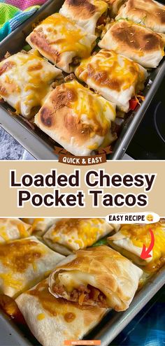 loaded cheesy pocket tacos in a baking pan with the title overlay