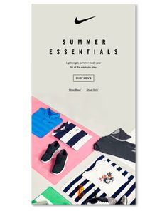 the nike summer essentials catalog is displayed on a white background with blue and pink accessories