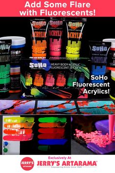 🤩Fluorescent Acrylics! Add Some Flare To Your Creative Side! 80s Stuff, Fluorescent Paint, Dark Party, Linoleum Block, Acrylic Pouring Art, Creative Products, Acrylic Paint Set, Acrylic Painting Techniques, Pouring Art