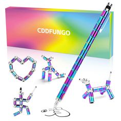 a colorful box with an assortment of items including a pen, heart and keychain