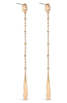 Gleaming nuggets anchor swingy station-chain earrings that drip with sculptural molten drops for statement shine. 4" drop Post back 18k-gold plate Imported Yellow Gold Jewelry With Satellite Chain Dangle, Gold Linear Drop Earrings With Adjustable Chain, Gold Linear Earrings With Dangling Beads For Party, Gold-tone Long Drop Linear Earrings, Gold Dangle Linear Earrings With Adjustable Chain, Gold Drop Jewelry With Dangling Charms, Gold Linear Drop Earrings With Delicate Chain, Gold Metal Drop Linear Earrings, Gold Drop Linear Earrings For Party