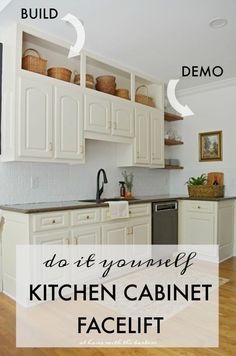 the kitchen cabinets are white and have black lettering that says do it yourself, kitchen cabinet facelift