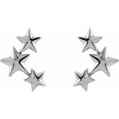 three star stud earrings in silver tone with small stars on the front and back of each ear