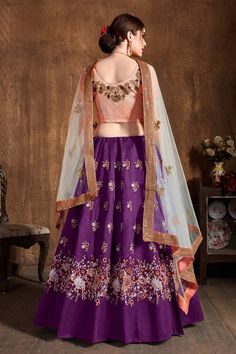 Buy Purple Raw Silk Sequins Resham Thread And Embroidery Lehenga Set Online - KARMAPLACE — Karmaplace Purple Lehenga, Dupatta Design, Lehenga Choli Designs, Sky Purple, Raw Silk Lehenga, Indian Lehenga Choli, Party Wear Lehenga Choli, Bollywood Lehenga, Raw Silk Fabric