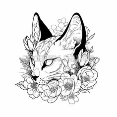 a black and white drawing of a cat with flowers on it's head, in front of a white background