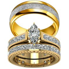 two gold wedding rings with diamonds on each one and an engagement ring in the middle