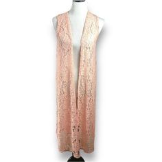 New W/T Lularoe Women Joy Peach Pink Lace Floral Long Vest Duster Xs Pink Long Summer Outerwear, Long Pink Summer Outerwear, Pink Open Front Outerwear For Summer, Pink Summer Outerwear For Brunch, Long Pink Beach Outerwear, Feminine Pink Summer Outerwear, Spring Peach Outerwear, Boho Lace Duster, Pink Cardigan Vest 4xl Plus Size