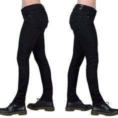 Black Punk Mid-rise Jeans, Black Mid-rise Punk Jeans, Black Stretch Punk Jeans, Edgy Black Slim Fit Jeans, Casual Fitted Jeans For Concerts, Fitted Casual Jeans For Concert, Black Straight Leg Bottoms For Concert, Straight Leg Black Bottoms For Concert, Trendy Straight Leg Jeans For Concert