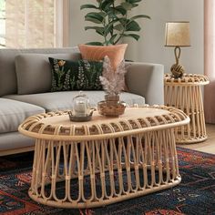 a living room filled with furniture and a large potted plant on top of a table