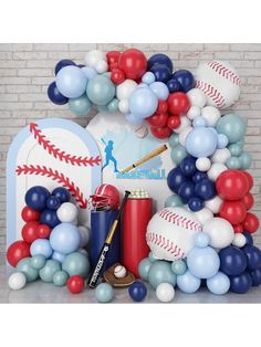 a baseball themed party with balloons and streamers