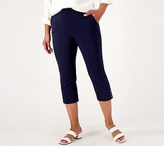 Elevate your warm weather work wardrobe with these classic capri pants. The button detail at the hem is a decorative touch that adds spice to this style. From Susan Graver. Mens Clothing Store, Susan Graver, Work Wardrobe, Slim Leg, Slim Legs, Button Detail, Warm Weather, Beauty Women, Clothing Store