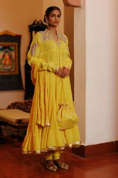 Yellow anarkali with placement paisley, floral embroidery using gota, dabka, beads. Paired with a churidar and dupatta. - Aza Fashions Embroidery Paisley, Churidar Sleeves, Mithila Palkar, Yellow Anarkali, Anarkali Churidar, Placement Embroidery, Adah Sharma, Diana Penty, Sara Ali Khan