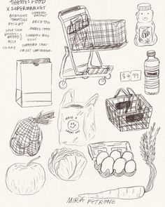 a drawing of some food items on a white paper