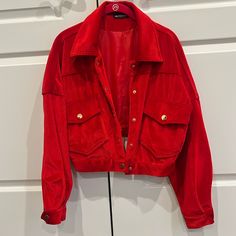 Red Velvet Cropped Jacket In The Size Usa 2/Uk6. Perfect To Throw On A Chilly Day. Only Worn Once. Brand New Condition! Trendy Red Collared Outerwear, Red Party Outerwear With Button Closure, Trendy Red Outerwear With Button Closure, Chic Red Collared Outerwear, Trendy Red Blazer With Pockets, Spidersona Suit, Red Velvet Jacket, Outfit References, Suit Ideas