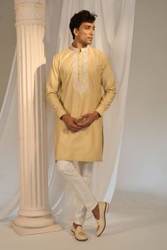 Yellow longline Nehru jacket with contrasting floral pattern aari tilla embroidery. Comes with embroidered placket kurta and pant. - Aza Fashions Cream Long Sleeve Nehru Jacket With Naqshi, Fitted Kurta With Chikankari Embroidery And Stand Collar, Eid Chikankari Embroidery Straight Kurta Outerwear, Eid Chikankari Embroidery Straight Kurta, Cream Nehru Jacket With Dabka And Straight Kurta Shape, Cream Nehru Jacket With Dabka On Straight Kurta, Cream Nehru Jacket With Dabka, Straight Kurta Style, Festive Stand Collar Kurta With Intricate Embroidery, Eid Nehru Jacket With Dabka Work