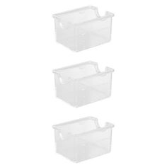 three plastic storage bins with lids on each side