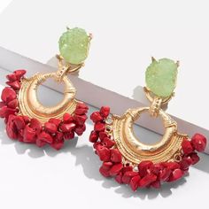 Bohemian Style Red Coral Earrings, Stud Drop On Gold With A Green Stone. Red Bohemian Hoop Earrings For Summer, Red Bohemian Earrings For Summer, Red Coral Earrings, Punk Women, Stone Drop Earrings, Turkish Jewelry, Coral Earrings, Gifts Jewelry, Earrings Metal