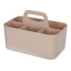 a beige plastic caddy with four compartments and a handle on the top, in front of a white background