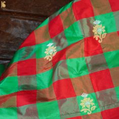 Red & Green Handwoven Pure Katan Silk Banarasi Check Fabric - Khinkhwab Banarasi Brocade Fabric, Banarasi Fabric, Banarasi Brocade, Blouse Indian, Indian Kurta, Western Jacket, Katan Silk, Check Fabric, Brocade Fabric