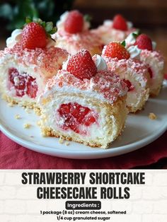 strawberry shortcake cheesecake rolls on a white plate