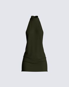 You’ll be the scandal of the night in this mini dress 😈 they won't want you out of their sight 👀 Olive Dress Short, Halter Turtle Neck Dress, Olive Mini Dress, Dark Luxury Outfits, Diner Outfits, Green And White Outfit, Night Out Dresses, Halter Backless Dress, Halter Dresses