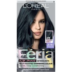 L'Oreal Paris Feria Permanent Hair Color, 411 Downtown Denim, Inspired by fashion, Feria offers a twist on the traditional and gives edgy hair colors from bright red, platinum blonde, rose gold, and metallic brown, to blue-black hair color, these hair dye kits will transform your hair. Feria's prismatic color spectrum is custom-blended by L'Oreal Paris master colorists for bold, head-turning shades - no appointment necessary. Packaging may vary, what you receive may not be what is reflected on s Feria Hair Color, Blue Hairstyles, Blue Black Hair Color, Edgy Hair Color, Denim Hair, Blue Black Hair, Korean Hair Color, Bold Hair Color, Weak Hair