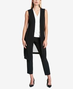 Opt for light, easy layers with this drapey vest from Dkny with an elongated silhouette that flows beautifully in soft matte jersey with a contrasting sheer back. Elegant Vest For Layering, Elegant Sleeveless Outerwear For Layering, Versatile Long Outerwear For Work, Elegant Long Outerwear For Layering, Elegant Outerwear Vest For Layering, Fitted Open Front Vest For Layering, Open Front Vest For Layering, Midi Skirt Spring, Macys Women